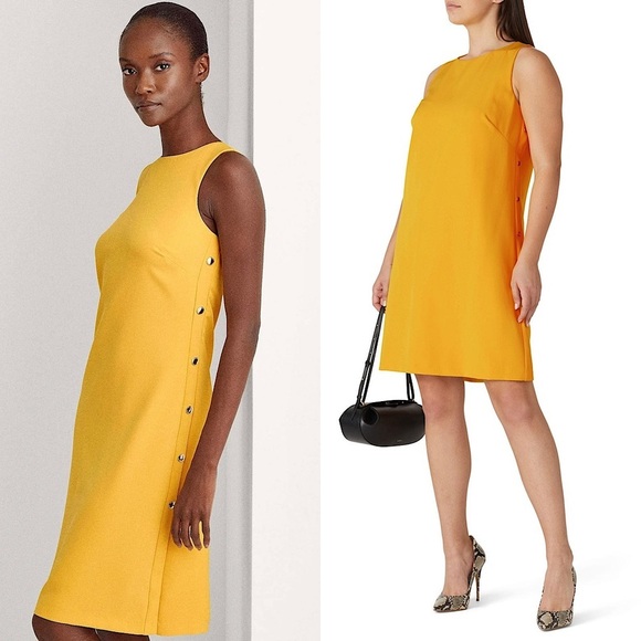 RALPH LAUREN Goldenrod Crepe Sleeveless Side Button Detail A-Line Shift Dress 16 - Picture 1 of 9